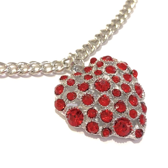 Red Heart Dome Necklace Silver Tone - Picture 2 of 4